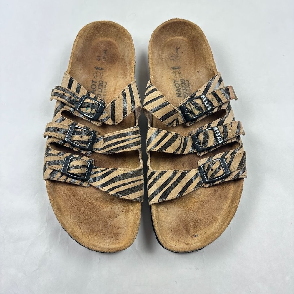 Naot AUSTIN Tan Black‎ Zebra Leather 3 Strap Buckle Sandals Sz EU 41 /US 10